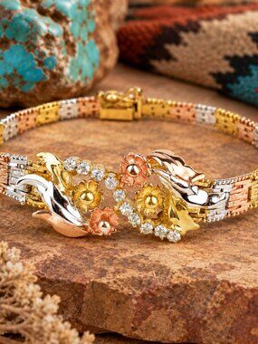 Milor Italy Vintage Tri Color Sterling Silver 925 Riccio Flower CZ Bracelet 7"